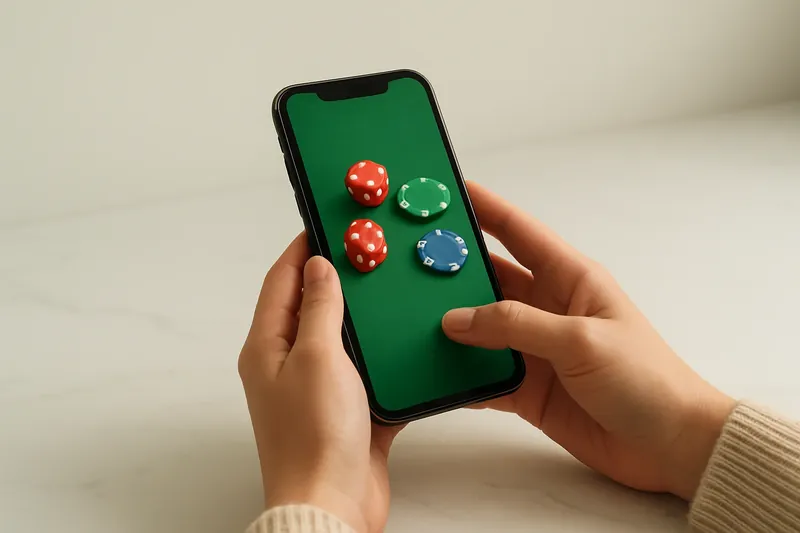 Close-up of hands holding smartphone with casino app on marble surface