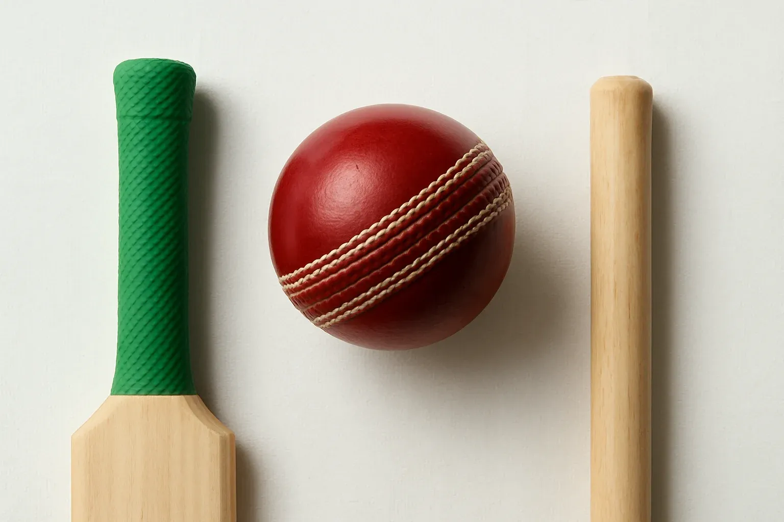 Overhead flat lay of cricket ball, bat handle and stump