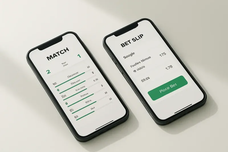 Two smartphones showing match dashboard and bet slip on cream surface