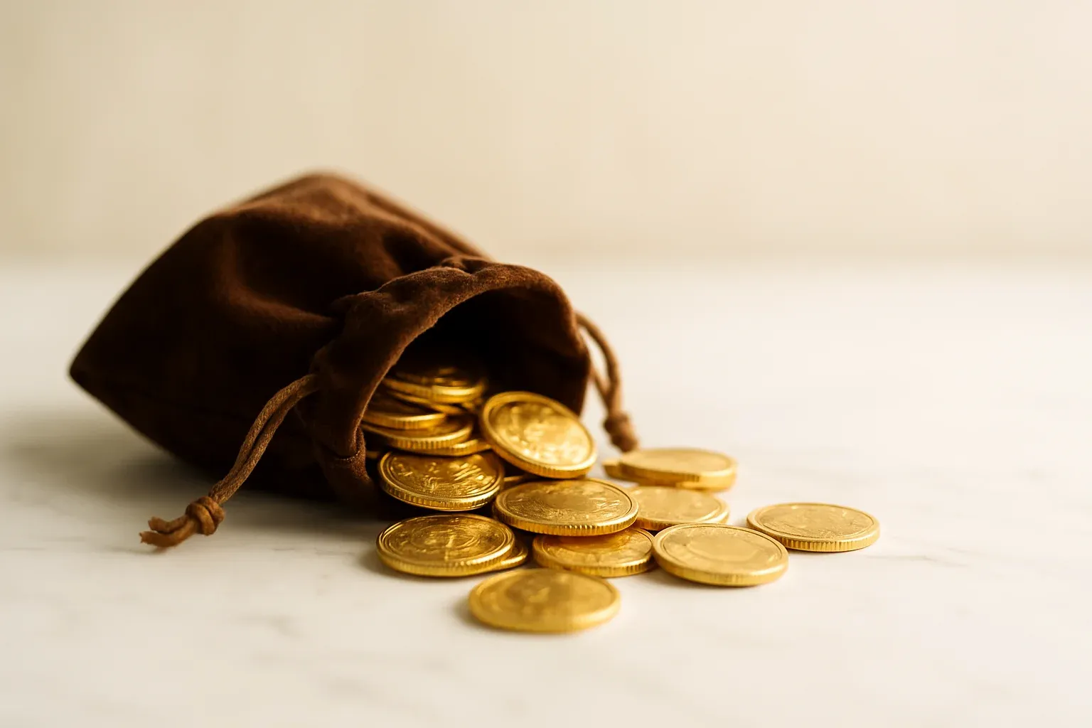 Golden Coin Cascade Golden coins spilling from velvet pouch on white marble surface