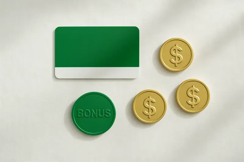 Loyalty card, bonus token, and three gold coins on white linen