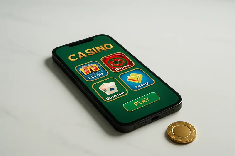 Smartphone on white marble showing colorful casino game lobby