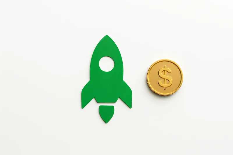 Minimalist rocket icon with gold coin on white background
