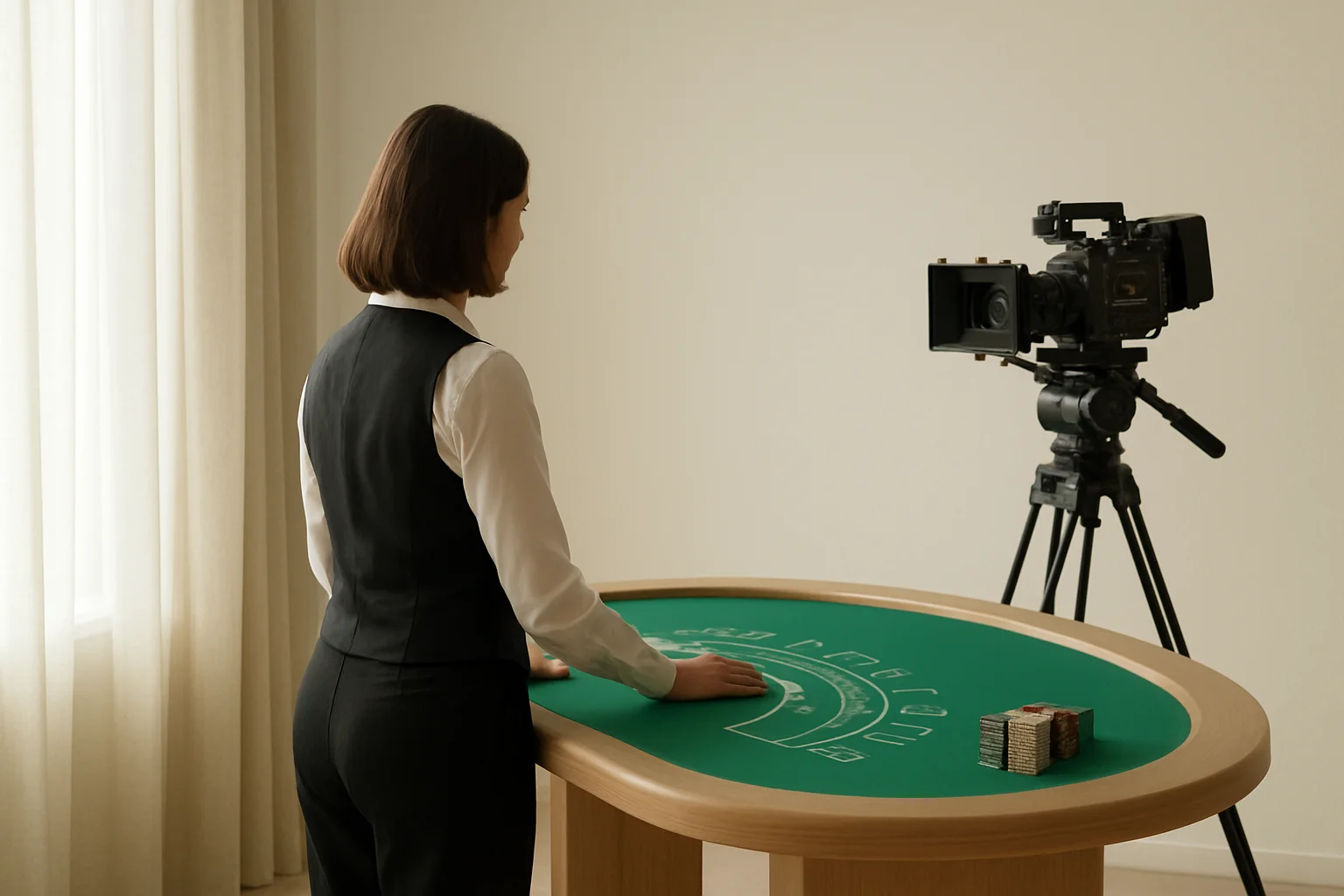Professional dealer at blackjack table with camera rig in studio