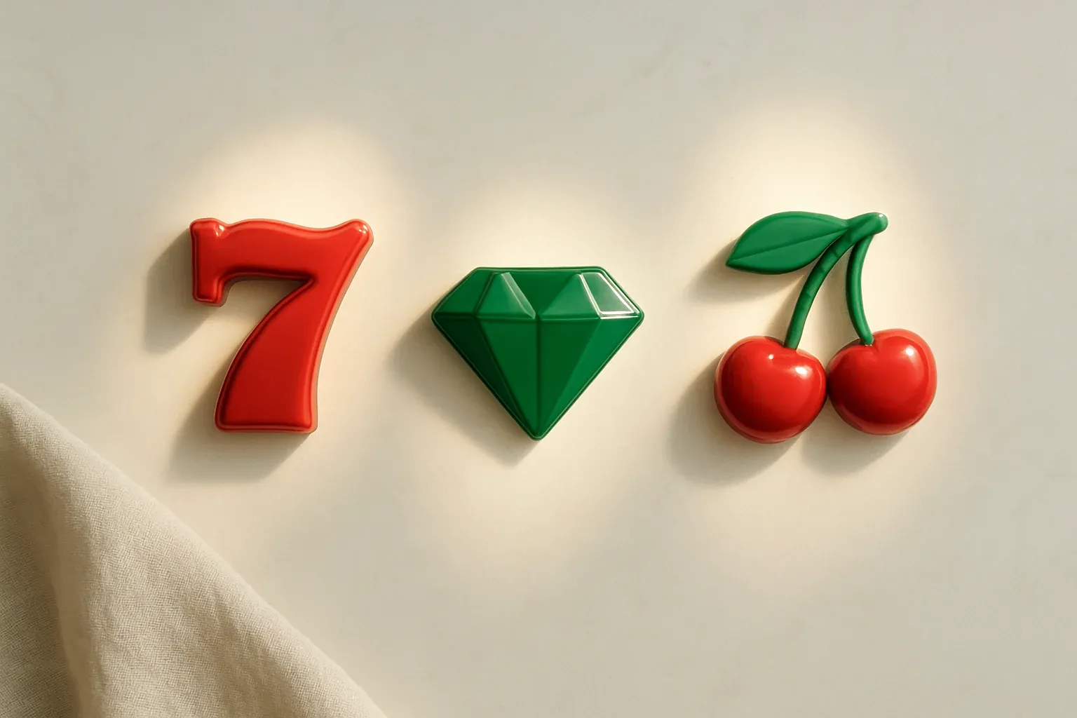 Three polished slot symbols on white marble with warm spotlights